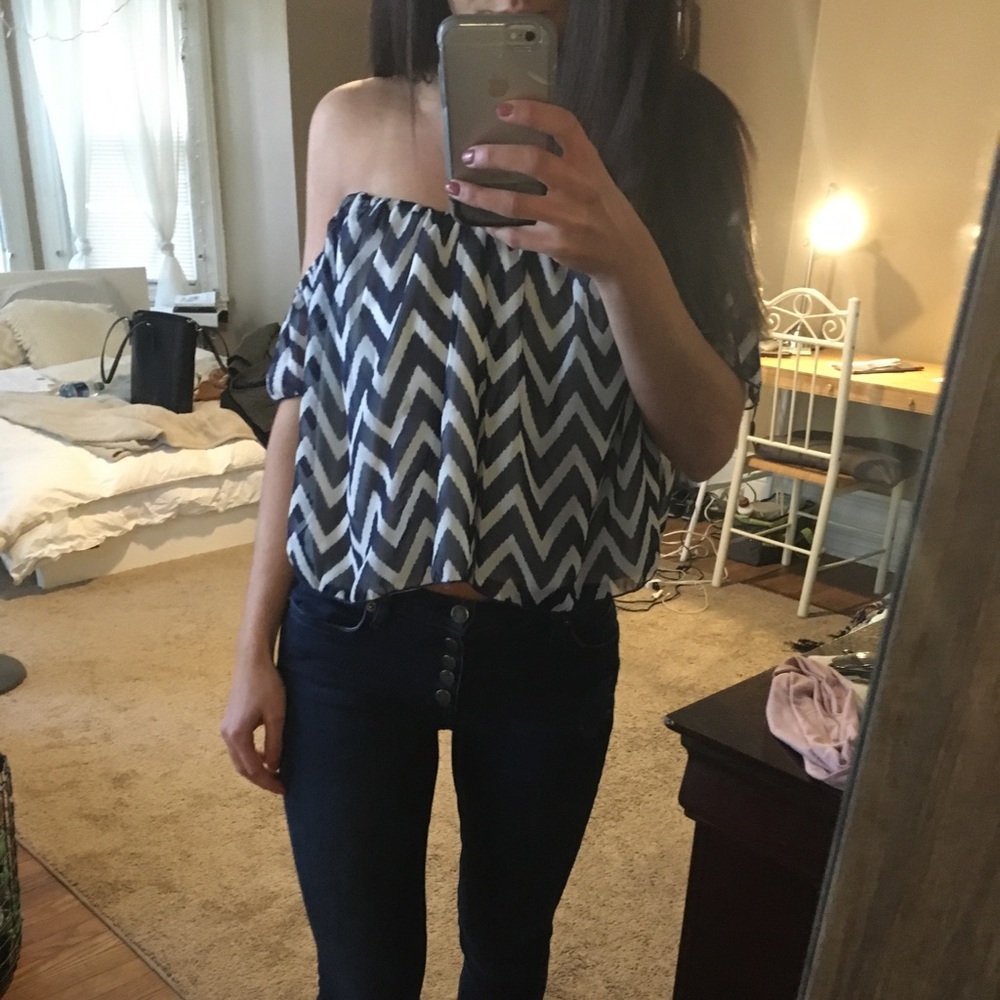 Navy and white chevron off the shoulder top